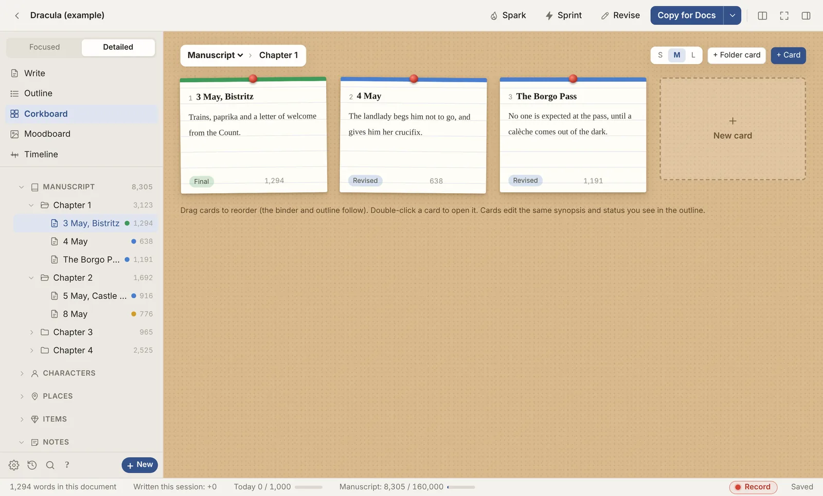 Detailed mode in Unwip: a corkboard with a card for each scene of Dracula, with its synopsis, status and word count