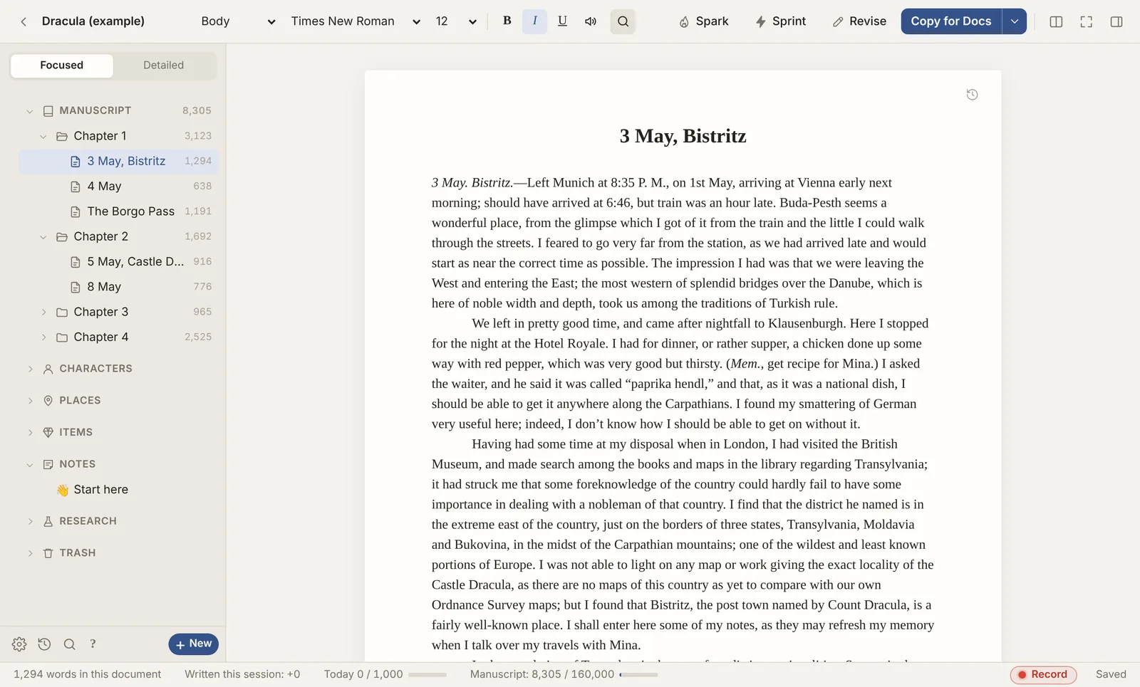 Unwip on a computer: the binder on the left with chapters and scenes, and Bram Stoker’s Dracula open at Jonathan Harker’s journal, 3 May