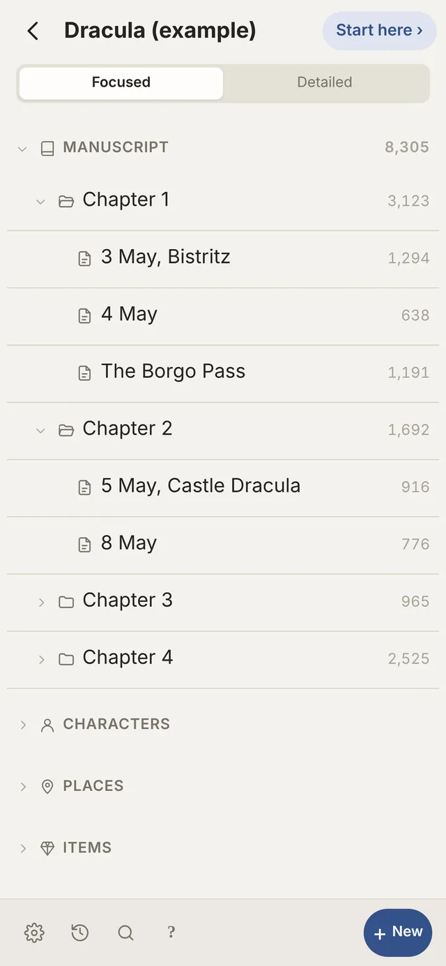 Unwip on an iPhone: the binder with chapters and scenes